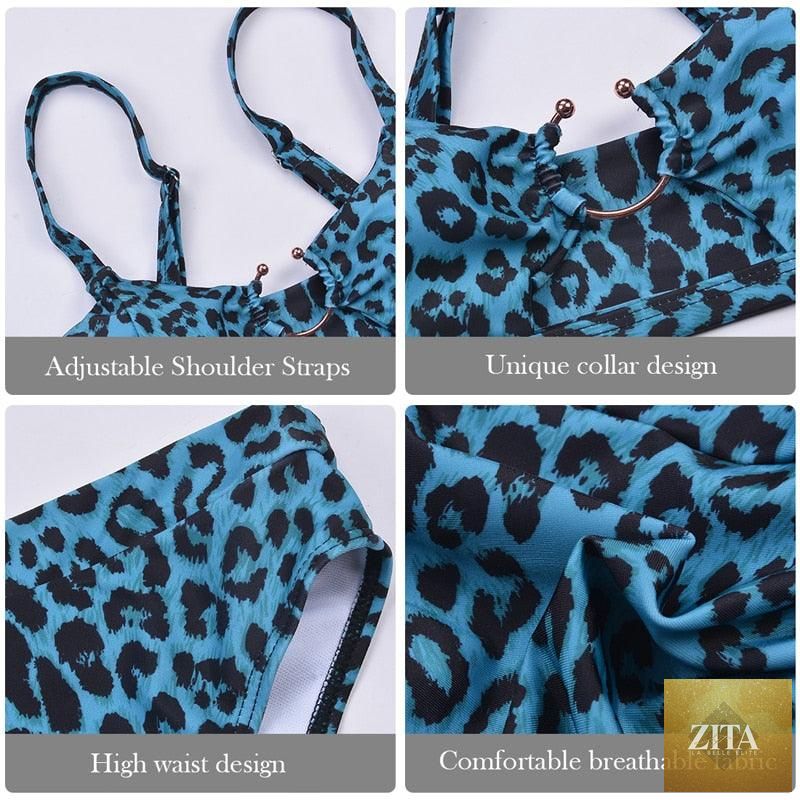 Women wearing luxury leopard high waist bikini with push-up bra, tie sides, cutout details, and high cut design by Stevvex.