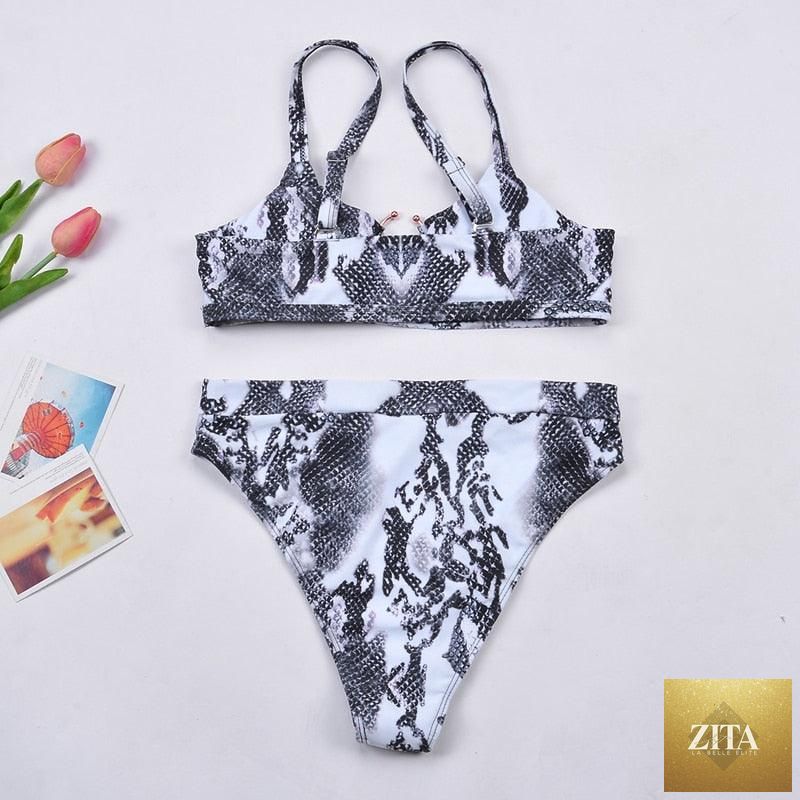 Women wearing Stevvex luxury leopard high waist bikini with push-up bra, tie sides, cutout design, and high-cut padded swimwear.
