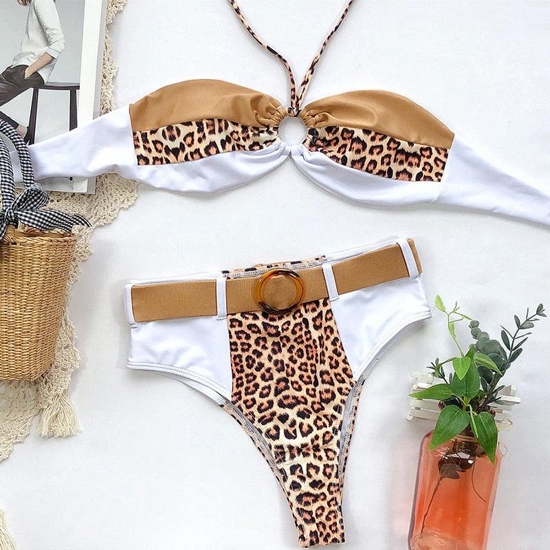 Women Luxury Leopard High Waist Bikini Swimsuit Women's Push Up Bra Tie Side Cutout Bikini Set High Cut Padded Solid Bating Suit Swimwear Female Bikini Set Bathing Suit