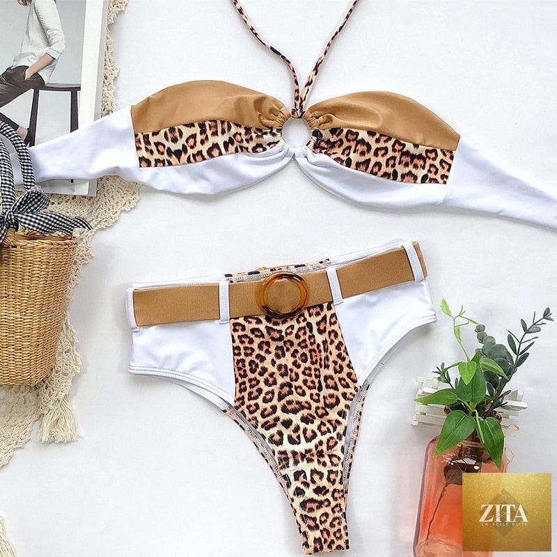 Women wearing a luxury leopard print high waist bikini with push-up top, tie-side cutouts, and high-cut padded swimwear.