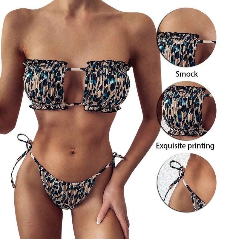 Women Luxury Leopard High Waist Bikini Swimsuit Women's Push Up Bra Tie Side Cutout Bikini Set High Cut Padded Solid Bating Suit Swimwear Female Bikini Set Bathing Suit