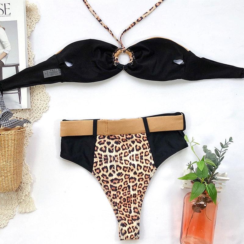 Women Luxury Leopard High Waist Bikini Swimsuit Women's Push Up Bra Tie Side Cutout Bikini Set High Cut Padded Solid Bating Suit Swimwear Female Bikini Set Bathing Suit