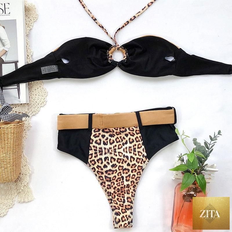 Women’s luxury leopard high waist bikini with push-up bra, tie side cutouts, padded solid swimwear, high-cut bathing suit from Stevvex.