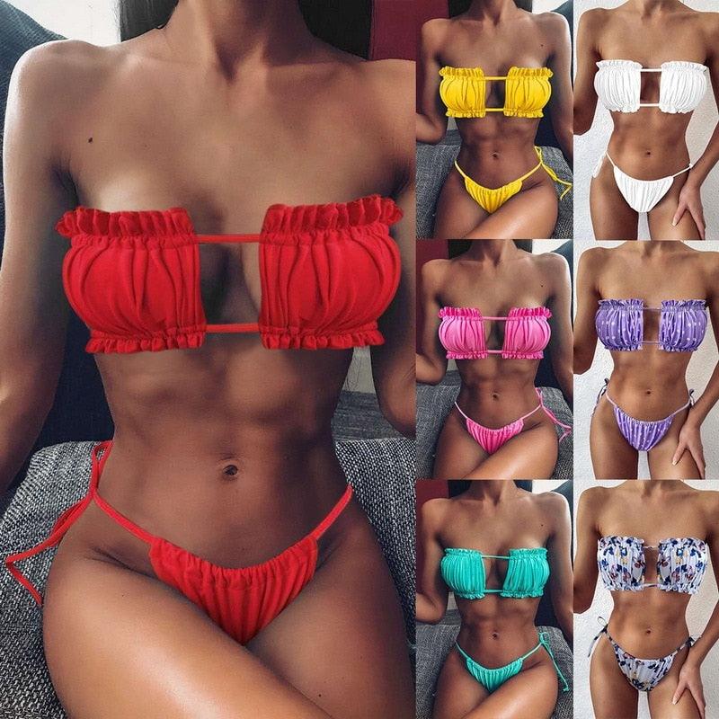 Women Luxury Leopard High Waist Bikini Swimsuit Women's Push Up Bra Tie Side Cutout Bikini Set High Cut Padded Solid Bating Suit Swimwear Female Bikini Set Bathing Suit