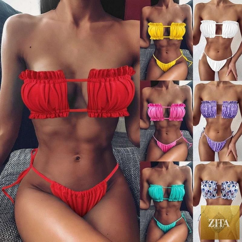 Women wearing Stevvex luxury leopard high waist bikini with push-up bra, tie sides, cutout details, and high-cut padded swimwear.