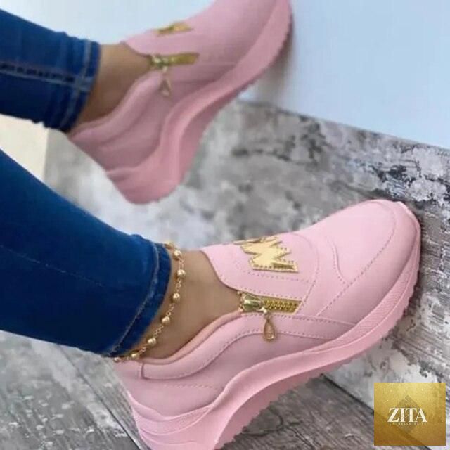 Women luxury pink sneakers by Stevvex with thick soles, slip-on design, zipper, perfect for casual outdoor walking in spring and summer.
