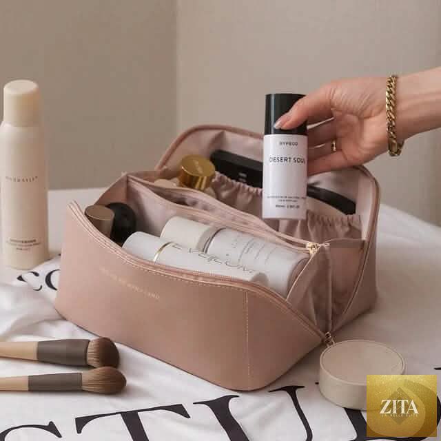 Women makeup organizer toiletry leather bag in pink, ideal for travel and beauty essentials, by DailySale.