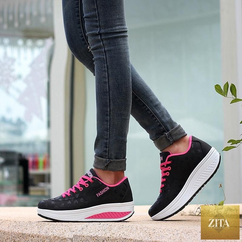 Women Stevvex modern sneakers with height-increasing flatform, lace-up leather design, breathable mesh, casual sport shoes.