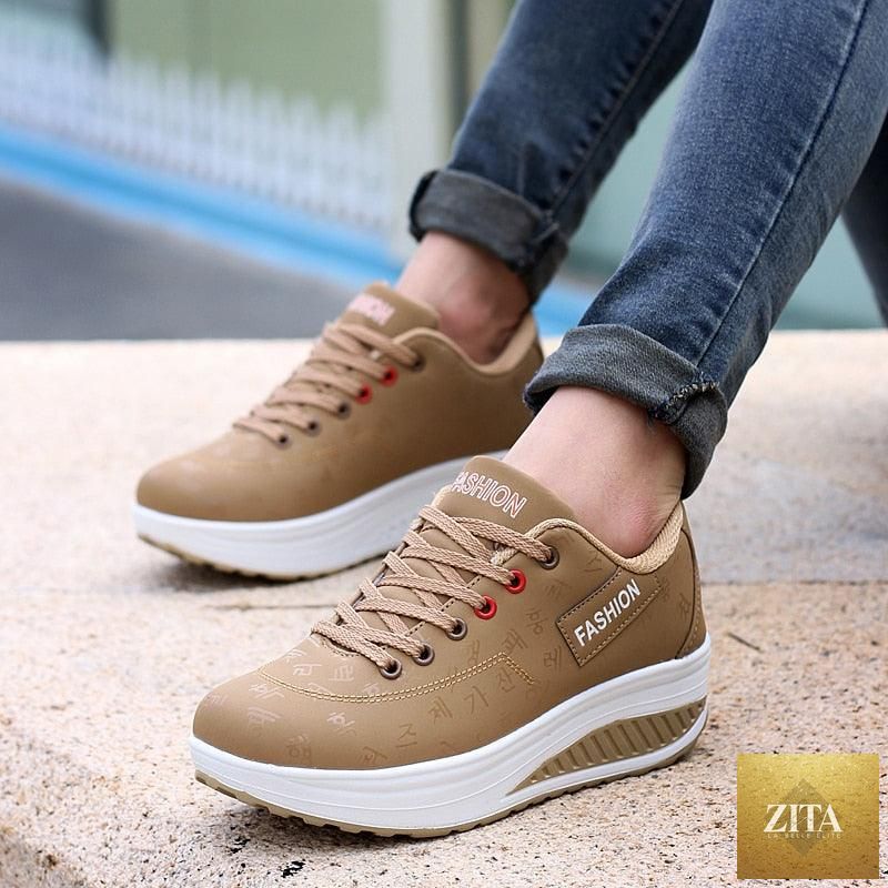 Women Stevvex modern sneakers with height-increasing flatform, lace-up design, breathable leather and mesh, casual sporty vulcanized shoes.