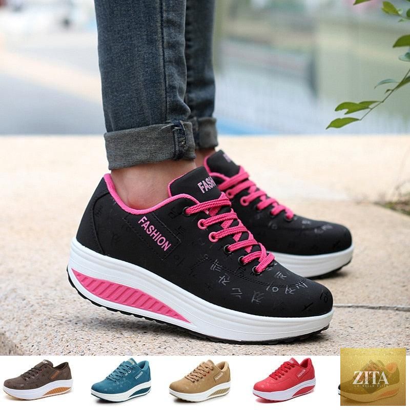Women Stevvex modern sneakers with height-increasing flatform, lace-up design, breathable leather and mesh, casual sport shoes.