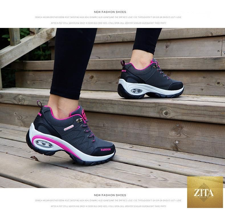 Women Stevvex running shoes with air cushion, breathable mesh, lace-up design, high platform, suitable for walking, gym, and casual wear.