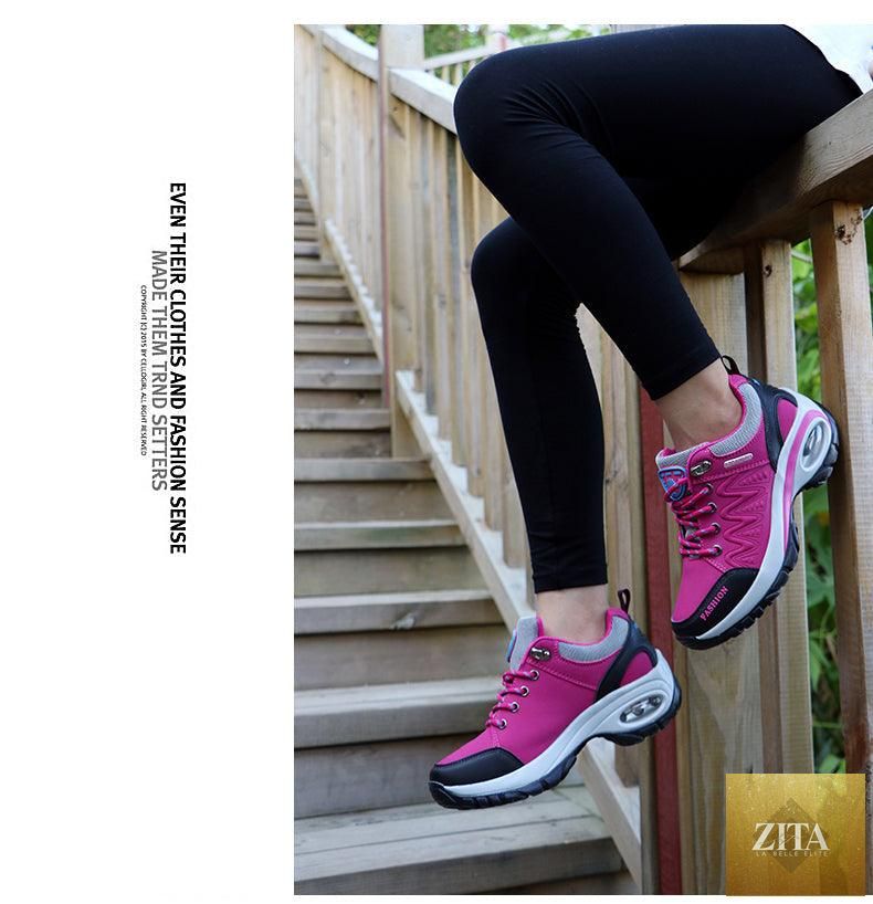 Women’s Stevvex running athletic sneakers with breathable mesh, air cushion sole, lace-up design, high platform, suitable for walking and gym.