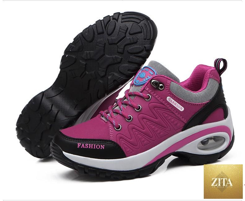 Women Stevvex running athletic sneakers with air cushion, breathable mesh, lace-up design, high platform, suitable for walking and gym.