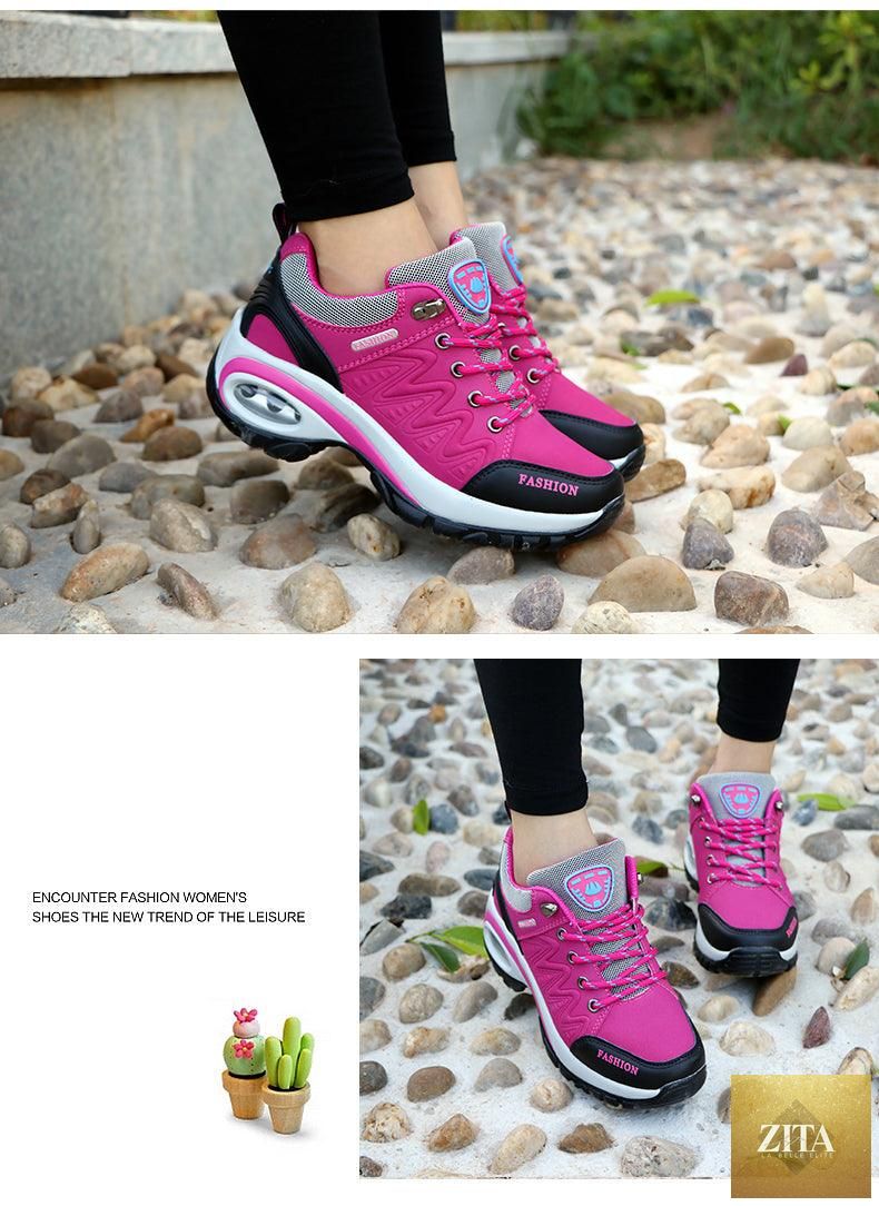 Women’s Stevvex running sneakers with air cushion, breathable mesh, lace-up athletic shoes, high platform, ideal for walking and gym.