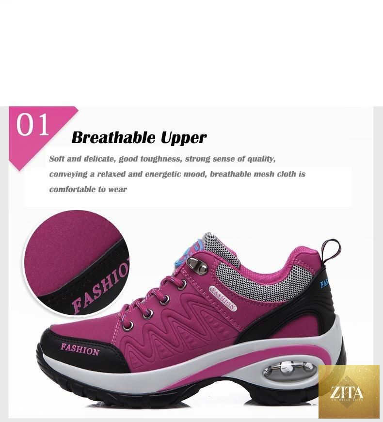 Women wearing Stevvex air cushion athletic sneakers with breathable mesh, lace-up design, high platform, perfect for running and casual walking.