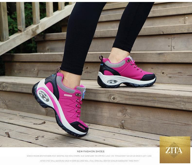 Women Stevvex running and athletic sneakers with air cushions, breathable mesh design, lace-up style, and high platform for walking and sport.