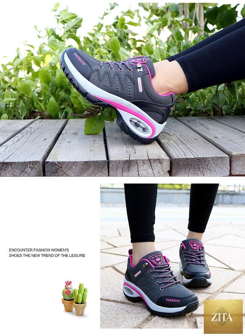 Women Stevvex running air cushion athletic sneakers with breathable mesh, lace-up design, high platform, suitable for walking and gym.