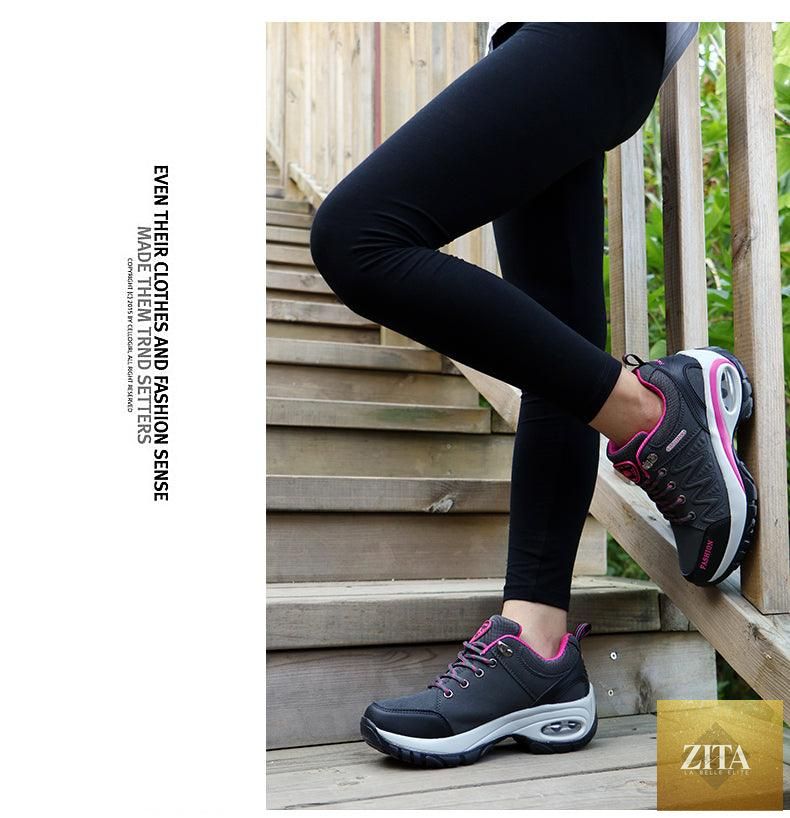 Women Stevvex running air cushion athletic sneakers with breathable mesh, lace-up design, high platform, suitable for walking and gym.