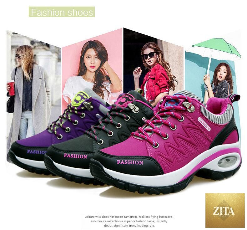Women wearing Stevvex breathable air cushion athletic sneakers with mesh uppers, lace-up design, and high platform for walking and sports.
