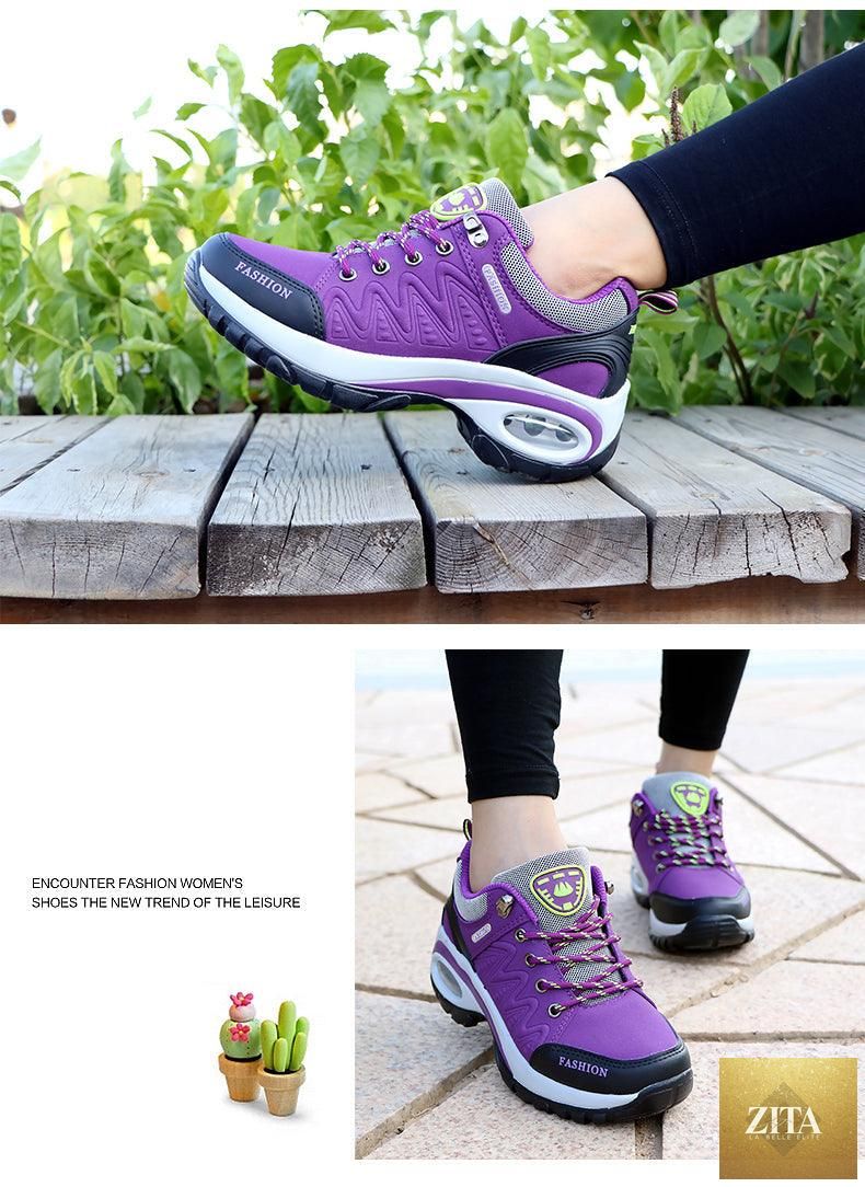 Women’s Stevvex athletic running sneakers with air cushions, breathable mesh, lace-up design, high platform, suitable for walking and gym.