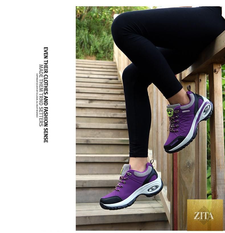 Women Stevvex running athletic sneakers with breathable mesh, air cushion sole, lace-up design, and high platform for walking and sport.