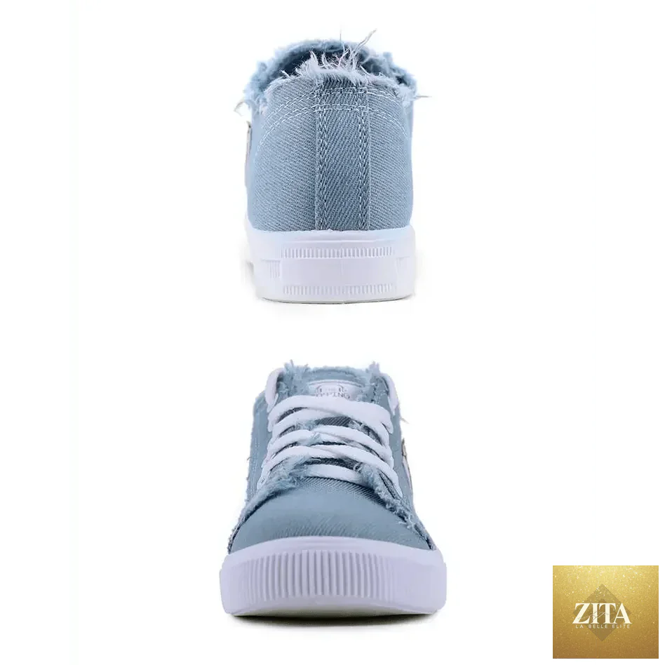 Women’s blue canvas sneakers by Stevvex featuring breathable fabric, classic summer denim style, and stylish fashion design.