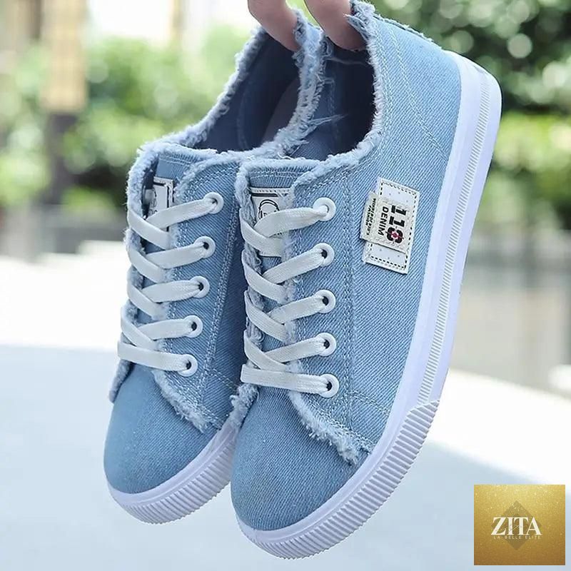 Women’s blue canvas sneakers by Stevvex, breathable and stylish summer denim casual shoes for women.
