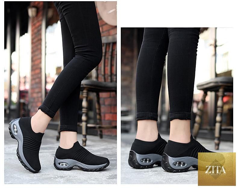 Women's casual chunky sneakers by Stevvex, platform walking shoes with mesh, air cushion, slip-on design, and comfortable sock-like fit.