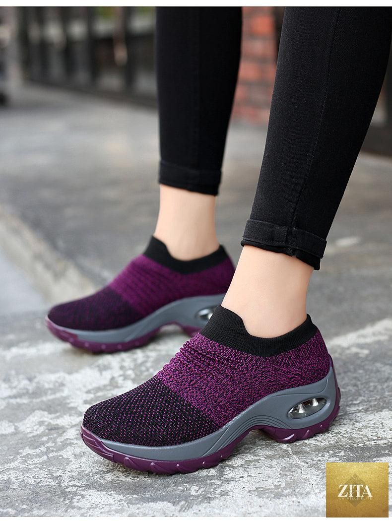 Women's Stevvex chunky platform sneakers with mesh upper, slip-on design, air cushion sole, and comfortable casual style.