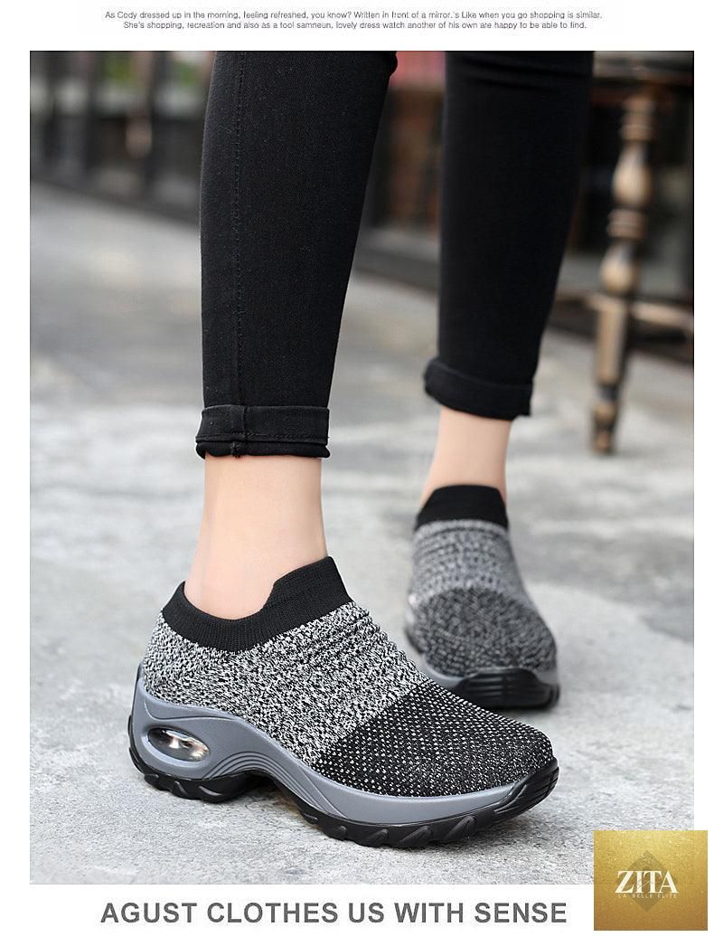 Women's chunky platform sneakers by Stevvex featuring mesh, slip-on design, air cushion sole, and casual comfortable style.