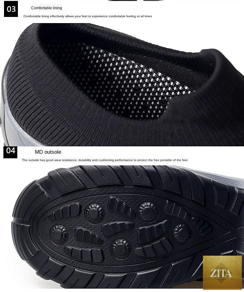 Women’s casual chunky platform sneakers by Stevvex featuring mesh upper, slip-on design, air cushion sole, and comfortable sock fit.
