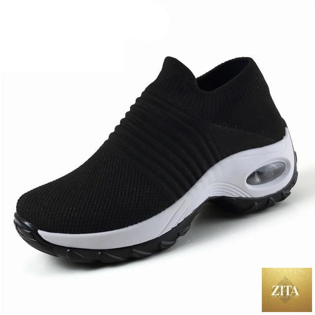 Women’s casual chunky platform sneakers by Stevvex featuring mesh design, slip-on style, air cushion sole, and comfortable walking fit.