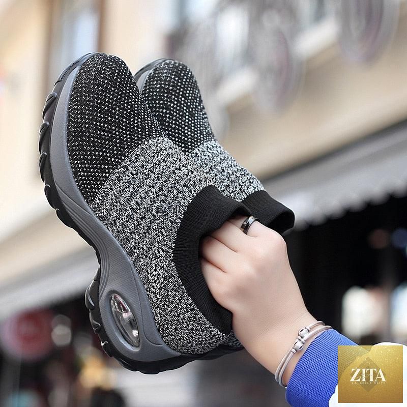 Women's Stevvex chunky sneakers with platform, mesh upper, air cushion sole, slip-on design, casual knit walking shoes.