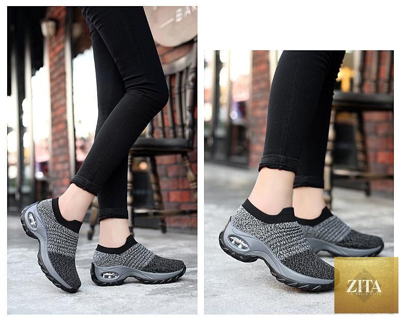 Women’s Stevvex casual chunky sneakers with platform, mesh upper, slip-on design, Air Cushion sole, and comfortable sock fit.