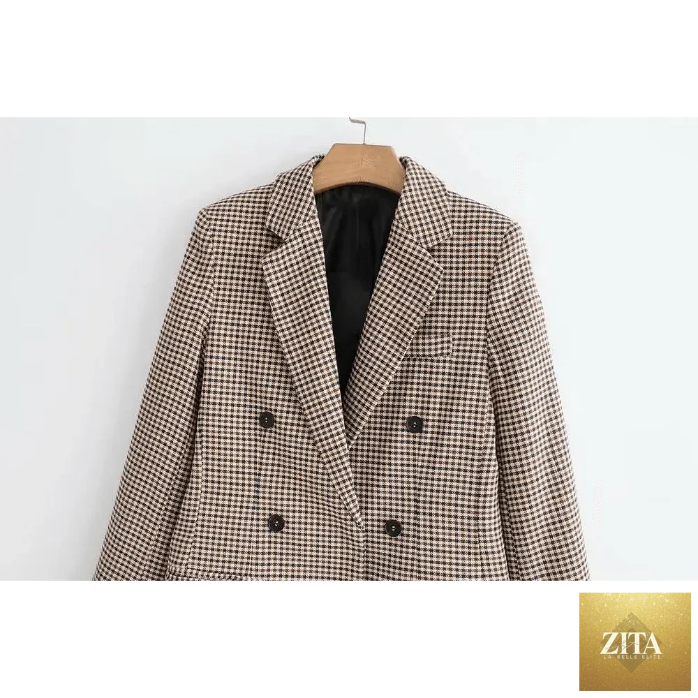 Women’s stylish double-breasted plaid blazer coat by Stevvex, featuring long sleeves, pockets, and a vintage office wear design.