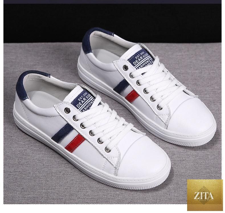 Women’s genuine leather sneakers by Stevvex, white casual sporty shoes with flat soles and vulcanized rubber design.