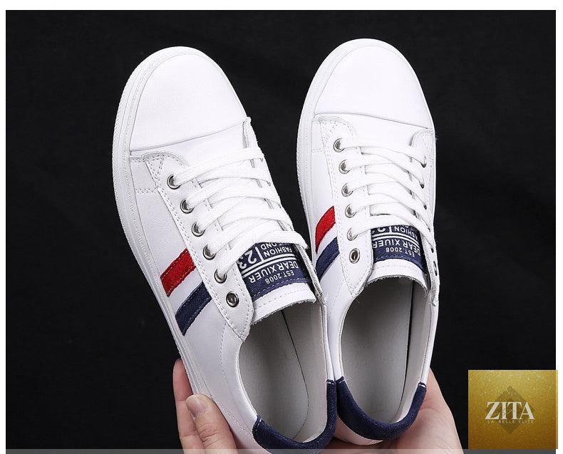 Women’s genuine leather sneakers in white, casual and sporty, with vulcanized sole and flat design, by Stevvex.