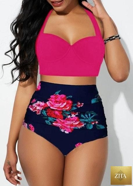 Women's push-up padded bikini set with vintage tropical floral print, halter high waist design, two-piece swimwear by Stevvex.
