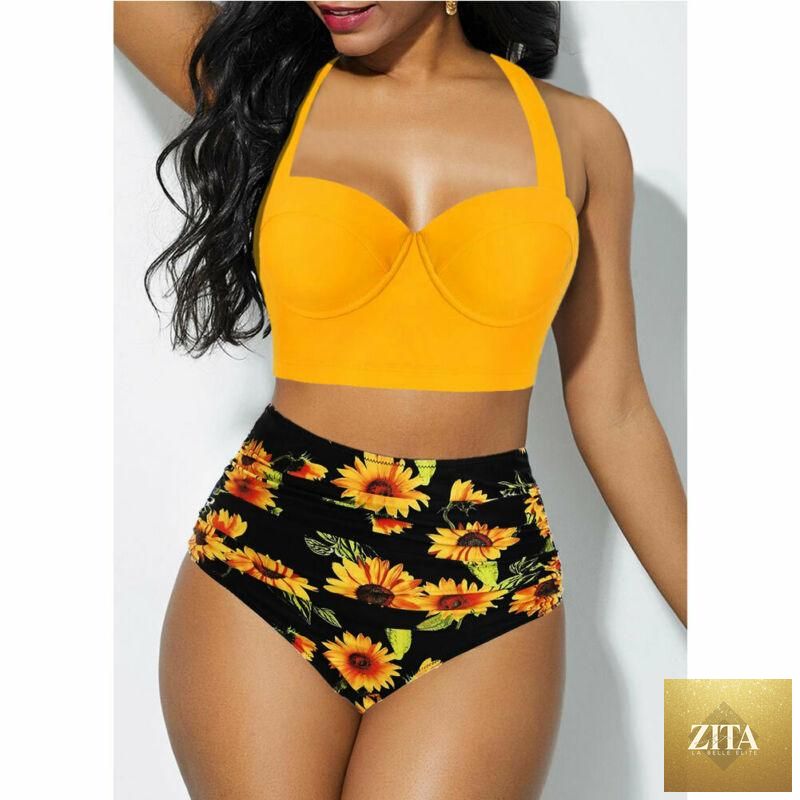 Women's vintage tropical print push-up padded bikini set with high waist, halter top, floral design, and retro two-piece swimwear.