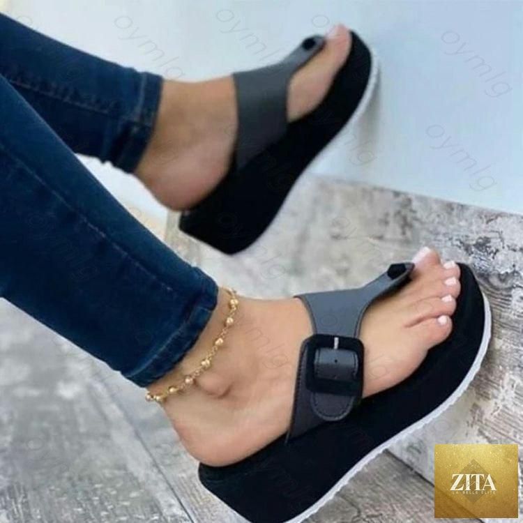Women’s summer leather sandals with buckle straps, platform design, clip toes, flat non-slip soles, casual beach shoes by Stevvex.