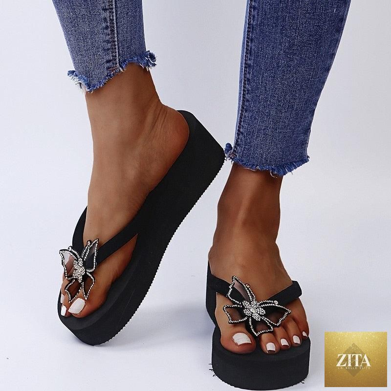 Women’s pink open-toe platform sandals by Stevvex featuring butterfly design, elegant style, and comfortable summer slip-ons.