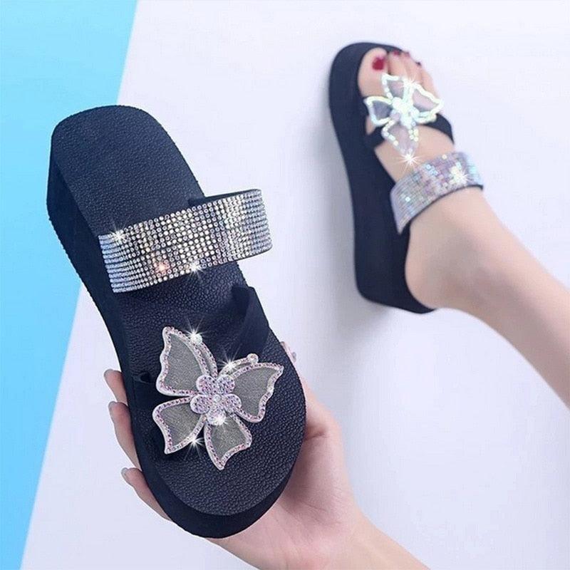Pink Stevvex women's summer platform sandals with open toe, butterfly design, and comfortable thick sole, ideal for dressy occasions.