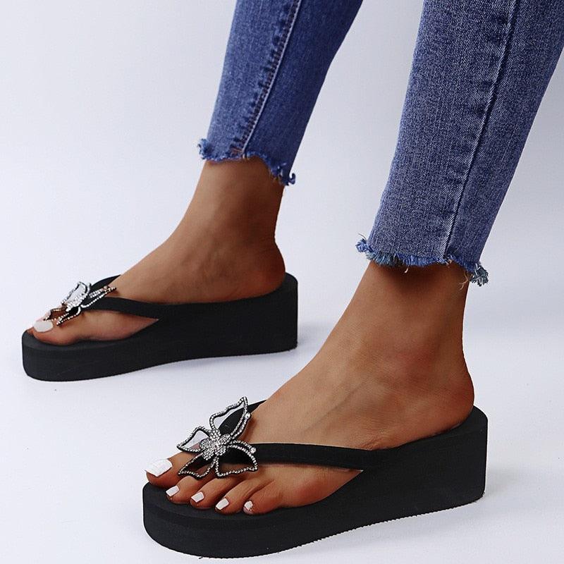 Pink women's summer open-toe butterfly platform sandals by Stevvex, featuring a modern dressy design and comfortable thick sole.