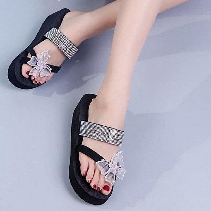 Pink women's summer platform sandals with butterfly design, open toe, and comfortable modern style by Stevvex.