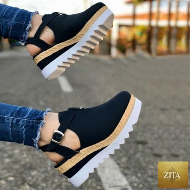 Women’s vintage sandals with buckle straps, straw thick soles, platform flats, retro style, by Stevvex, perfect for casual or party wear.