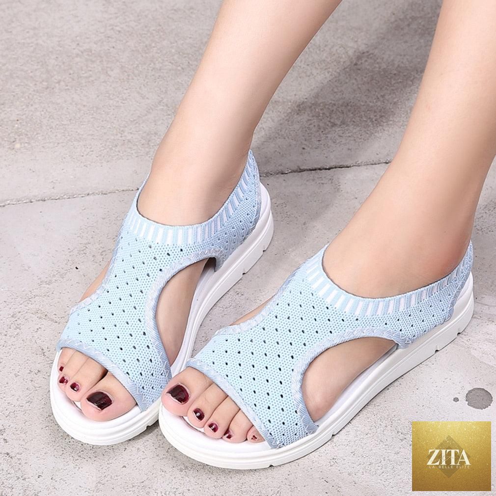 Stevvex women's breathable summer sandals with ankle elastic, platform heel, lightweight soft sole, ideal for casual beach walking.