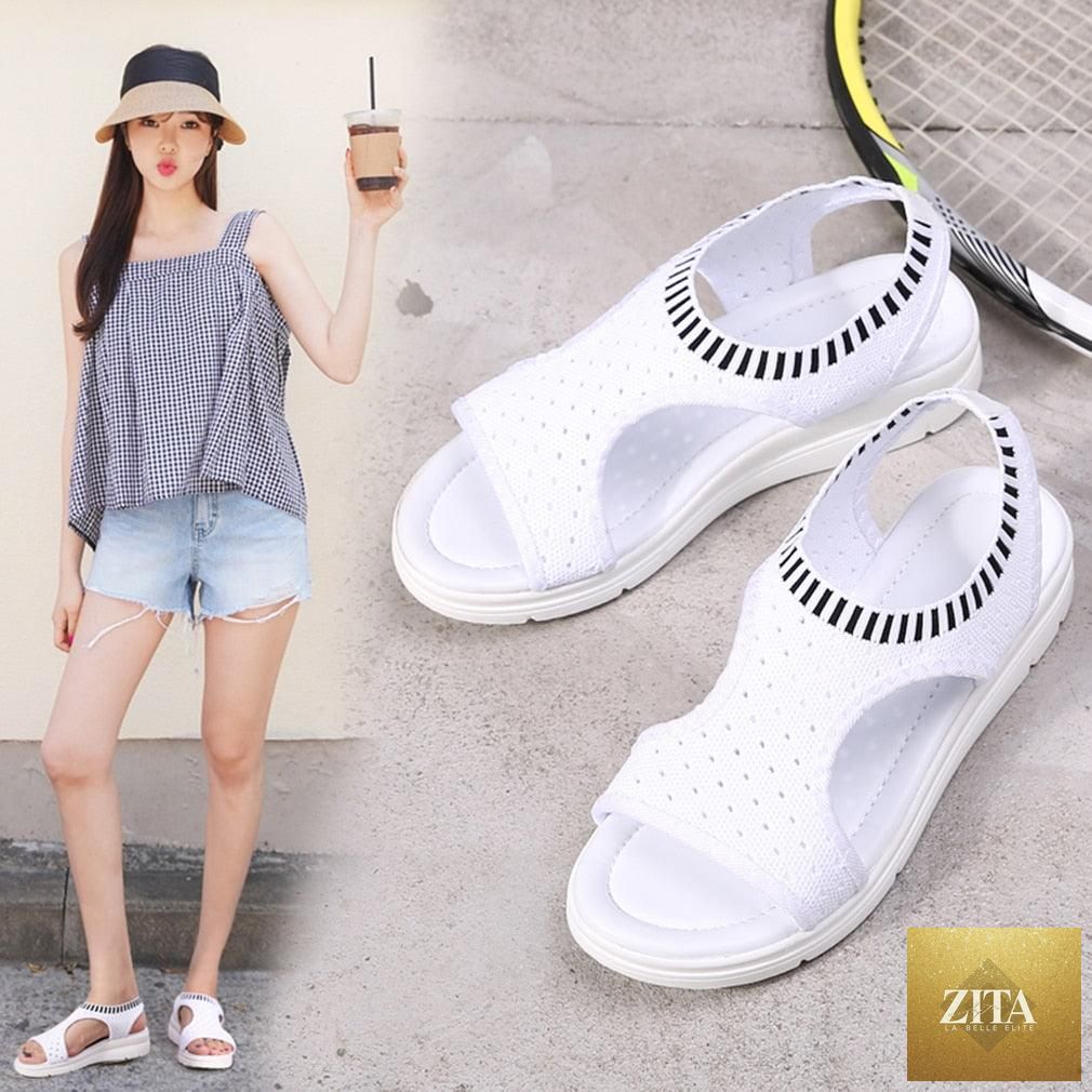 Women Stevvex breathable comfort summer platform sandals with elastic ankle straps, lightweight soft soles, ideal for casual beach walks.