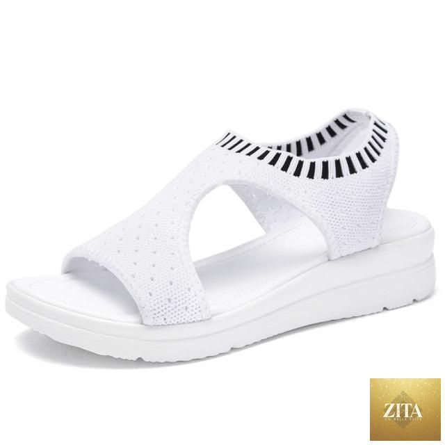 Women Stevvex breathable summer sandals with ankle elastic, lightweight platform heels, soft casual beach shoes for comfortable walking.