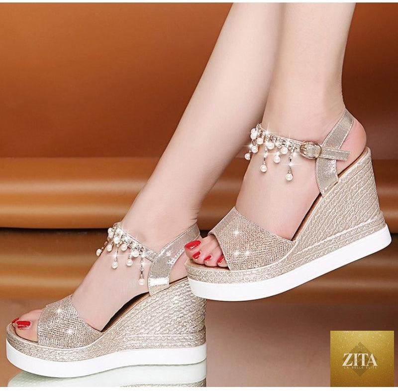 Women Stevvex summer platform sandals with buckle straps, peep-toe design, thick soles, espadrille style, slingback open toes.