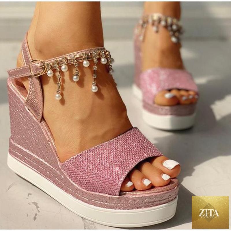 Women Stevvex summer platform espadrille sandals with buckle straps, peep toe, thick sole, slingback, and open toe design.